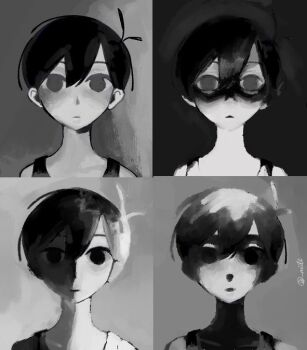 Rule 34 | 1boy, antenna hair, black eyes, black hair, black tank top, closed mouth, colored skin, double-parted bangs, expressionless, hair between eyes, looking at viewer, male focus, nill (nill), omori, omori (omori), photo-referenced, short hair, solo, tank top, white skin