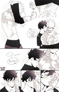 2boys bakugou_katsuki blush boku_no_hero_academia crying english_text freckles greyscale highres hug hug_from_behind male_focus midoriya_izuku monochrome multiple_boys multiple_scars nipples scar scars_all_over short_hair spacenipnops tears too_many undressing wiping_tears yaoi