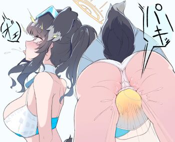 1girl animal_ears araara_do ass bikini black_fur black_hair blue_archive blue_eyes breasts crop_top dog_ears dog_girl dog_tail from_below halo halterneck hibiki_(blue_archive) hibiki_(cheer_squad)_(blue_archive) large_breasts motion_lines multiple_views open_mouth panties ryona shoulder_blades simple_background skirt solo speech_bubble speed_lines swimsuit tail tearing_up tongue tongue_out underwear white_background white_panties white_skirt wide-eyed yellow_halo