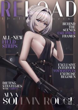 1girl absurdres alva_(girls'_frontline_2) an-94 an-94_(girls'_frontline) an-94_(silent_rouge)_(girls'_frontline) assault_rifle bare_shoulders black_dress black_gloves black_hairband blue_eyes breasts caiman_pool commentary cover dress english_commentary english_text fake_magazine_cover girls'_frontline gloves gradient_clothes gradient_dress gun hairband highres holding holding_gun holding_weapon looking_at_viewer magazine_cover medium_breasts official_alternate_costume open_mouth red_dress rifle sideboob solo weapon white_hair white_mouth