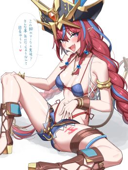 +_+ 1girl :d absurdres belly_rub bikini blue_bikini blue_eyes blue_hair blue_streaks blush braid breasts denim denim_shorts emika_(starward) fang highleg highleg_bikini highres kopezo long_hair looking_at_viewer low_twin_braids multicolored_hair open_mouth pointy_ears red_hair red_pupils short_shorts shorts sitting skin_fang small_breasts smile solo spread_legs starward streaked_hair swimsuit translation_request twin_braids very_long_hair