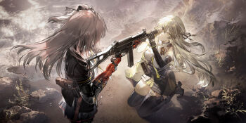 2girls absurdres black_socks dalanxia girls'_frontline girls'_frontline_2:_exilium green_eyes gun h&amp;k_ump highres holding holding_gun holding_weapon lainie_(girls'_frontline_2) leva_(girls'_frontline_2) long_hair multiple_girls official_art scene_reference socks submachine_gun ump40_(girls'_frontline) ump45_(girls'_frontline) weapon