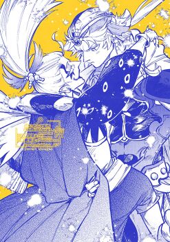 Rule 34 | 2boys, arm around waist, arms around neck, cape, cefca palazzo, commentary request, dissidia final fantasy, earrings, facepaint, final fantasy, final fantasy ii, final fantasy vi, firion, furrowed brow, hair bobbles, hair ornament, headscarf, highres, jewelry, light blush, light frown, limited palette, long hair, male focus, mckrs, multiple boys, parted bangs, pointy ears, ponytail, short hair, tassel, tassel earrings, twitter username, upper body, yaoi, yellow background