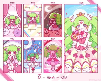 :d bare_shoulders black_eyes blush_stickers boots bouquet bow closed_eyes commentary crescent_moon dress dress_flower drill_hair elbow_gloves english_text expressionless falling_petals falulu falulu_(awakened) flower from_outside from_side full_body gears gloves green_hair grey_eyes hair_bow hand_up hands_on_own_chest hands_up happy highres holding holding_bouquet idol idol_clothes indoors legs_apart legs_together light_blush long_hair meiyang moon multiple_views night no_mouth no_nose no_pupils open_mouth open_window orange_flower parted_bangs petals pillow pink_bow pink_dress pink_flower pretty_series pripara puffy_short_sleeves puffy_sleeves red_flower short_sleeves smile sparkle squeans standing straight-on symbol-only_commentary thigh_boots thighhighs tiara twitter_username wavy_hair white_boots white_bow white_flower white_gloves window yellow_flower yurie_mouth zettai_ryouiki