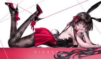 1girl absurdres alternate_costume animal_ear_hairband animal_ears artist_name ass bare_shoulders black_hair black_leotard black_pantyhose black_shoes breasts chisa_(wuthering_waves) cleavage closed_mouth commentary english_text fake_animal_ears fake_tail footwear_ribbon from_side gradient_background hair_ribbon hairband high_heels highres hooked_on_heel lace lace_pantyhose lace_pantyhose_hooked_on_heel_(meme) leotard long_hair looking_at_viewer medium_breasts meme pantyhose pink_background playboy_bunny rabbit_ear_hairband rabbit_ears rabbit_tail red_eyes red_ribbon red_skirt ribbon ringeko-chan shoes skirt solo strapless strapless_leotard tail variant_set very_long_hair wrist_cuffs wuthering_waves