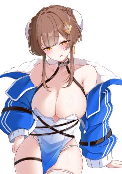 1girl absurdres bare_shoulders black_choker blue_dress blue_jacket blush braid braided_bun breasts brown_hair bun_cover chaos_zero_nightmare choker cleavage cropped_jacket double_bun dress gradient_clothes gradient_dress hair_bun hair_ornament hashtag-only_commentary highres huge_breasts jacket looking_at_viewer mole mole_on_breast mole_under_mouth off_shoulder open_clothes open_jacket panty_straps pelvic_curtain piercing short_hair_with_long_locks single_thighhigh skindentation solo strapless strapless_dress thigh_strap thighhighs thighs tongue tongue_out tongue_piercing utu_lu yellow_eyes yuki_(chaos_zero_nightmare)