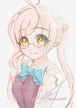 1girl :3 absurdres ahoge blue_bow blue_bowtie blush bow bowtie collared_shirt commentary_request dress glasses highres hikarinoilst kantai_collection long_hair long_sleeves looking_at_viewer makigumo_(kancolle) one-hour_drawing_challenge pink_hair red_dress shirt sidelocks signature simple_background solo twintails twitter_username upper_body white_background white_shirt yellow_eyes