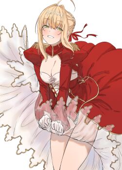 1girl ahoge blonde_hair blush braid breasts cleavage dress fate/grand_order fate_(series) gold_can green_eyes hair_between_eyes hair_bun hair_intakes hair_ribbon highres leotard looking_at_viewer marilyn_monroe medium_breasts medium_hair nero_claudius_(fate) red_ribbon ribbon see-through_clothes see-through_dress simple_background smile solo white_background white_leotard