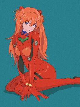 1girl aqua_background bad_id bad_twitter_id blue_eyes bodysuit breasts expressionless interface_headset_(evangelion) long_hair looking_at_viewer mecha_pilot_suit neon_genesis_evangelion plugsuit_(evangelion) red_bodysuit red_hair sitting solo souryuu_asuka_langley swirl9017 wariza