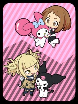 4girls balloon black_bodysuit black_border black_hood black_shoes black_skirt black_socks blonde_hair blue_bow blunt_bangs bodysuit boku_no_hero_academia boots border bow brown_coat brown_eyes brown_hair chibi chibi_only closed_mouth coat diagonal-striped_background double_bun grin hair_bun hand_to_own_mouth hk_(nt) holding holding_balloon holding_knife knife kuromi light_frown medium_hair messy_hair multicolored_bodysuit multiple_girls my_melody open_mouth pink_background pink_hood pleated_skirt sanrio shoes skirt skull_ornament smile socks striped_background superhero_costume teeth thick_eyebrows toga_himiko two-tone_bodysuit uraraka_ochako white_bodysuit white_boots yellow_eyes