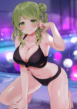 1girl barefoot bikini black_bikini breasts cleavage closed_mouth collarbone commentary_request festa11307070 green_eyes green_hair hair_bun kneeling large_breasts looking_at_viewer morinaka_kazaki navel night nijisanji outdoors poolside single_hair_bun single_side_bun smile solo stomach swimsuit thighs variant_set virtual_youtuber water