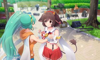 2girls ^_^ adjusting_another's_clothes animal_ears aqua_hair armband artist_request bell bow brown_hair cape chair clenched_hand closed_eyes clothing_cutout collarbone cow_ears cow_girl cow_horns cow_tail cowboy_shot crop_top day earrings fingerless_gloves folding_chair frog_girl gloves grass hair_bow hands_up holmy_(show_by_rock!!) hood hood_down hoodie horns jacklyn_(show_by_rock!!) jewelry lens_flare long_hair multiple_girls navel neck_bell neck_ribbon official_art orange_hoodie outdoors park people ponytail red_eyes red_skirt ribbon scrunchie shirt short_hair show_by_rock!! single_earring skirt sleeveless sleeveless_hoodie sleeveless_shirt smile sparkle standing suspender_skirt suspenders tadpole_tail tail tail_through_clothes third-party_source tree tying white_cape white_gloves wrist_scrunchie