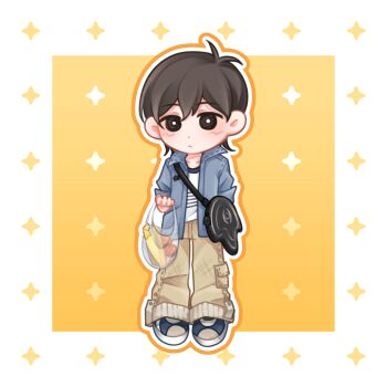 1boy absurdres antenna_hair bag bag_charm black_bag black_eyes black_hair blue_jacket blue_shoes blush border bright_pupils brown_pants character_bag character_charm charm_(object) chibi chibi_only closed_mouth collared_jacket commentary deformed dot_nose double-parted_bangs english_commentary expressionless full_body hair_behind_ear hair_between_eyes highres holding holding_bag jacket looking_at_viewer male_focus mewo no_sclera official_alternate_costume omori orange_outline outline outside_border pants plastic_bag rainbrey_0801 shoes short-sleeved_jacket short_hair short_sleeves simple_background sneakers solo something_(omori) standing sunny_(birthday)_(omori) sunny_(omori) tareme white_border white_outline white_pupils