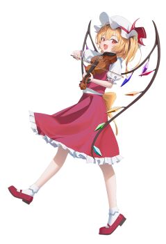 Rule 34 | 1girl, artist request, ascot, back bow, blonde hair, bow, bow (music), crystal, crystal wings, flandre scarlet, frilled skirt, frills, full body, hat, hat ribbon, holding, holding bow (music), holding instrument, holding violin, instrument, looking at viewer, mary janes, mob cap, multicolored wings, music, one side up, open mouth, playing instrument, red eyes, red shoes, red skirt, red vest, ribbon, second-party source, shirt, shoes, skirt, skirt set, smile, socks, solo, touhou, transparent background, vest, violin, white hat, white shirt, white socks, wings, yellow ascot, yellow bow
