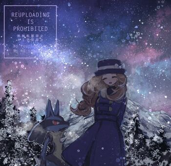 :d alternate_costume black_fur blonde_hair blue_coat blue_fur blue_hat bow closed_eyes coat coat_dress commentary_request dress fur_trim gen_4_pokemon hat hat_bow highres horimhkw11 long_hair looking_at_viewer low-tied_long_hair lucario night night_sky nintendo open_mouth outdoors pine_tree pokemon pokemon_(creature) pokemon_xy serena_(pokemon) sky smile snout snow spikes standing tree upper_body white_bow yellow_fur