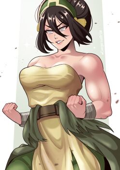 1girl absurdres avatar:_aang_the_last_airbender avatar_legends black_hair blind breasts dangerousbride green_hairband grey_eyes hair_between_eyes hair_bun hairband highres jewelry large_breasts muscular muscular_female simple_background single_hair_bun smile solo toph_beifong