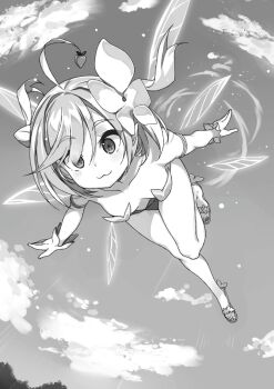1girl :3 ahoge airis_(buta_koushaku) bare_shoulders blush bob_cut breasts bug buta_koushaku closed_mouth cloud collarbone fairy fairy_wings flower fly flying from_below full_body greyscale hair_between_eyes hair_flower hair_ornament insect leg_up leotard monochrome nauribon novel_illustration official_art open_hand outdoors outstretched_arms outstretched_leg pointy_ears sandals short_hair sky small_breasts smile solo spread_arms third-party_source transparent_wings wings