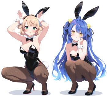 2girls amamiya_kokoro animal_ear_hairband animal_ears armpits arms_up bare_shoulders bell black_leotard blonde_hair blue_hair blue_leotard blush bow bowtie breasts commentary_request covered_navel detached_collar fake_animal_ears fake_tail fishnet_pantyhose fishnets frilled_wrist_cuffs frills full_body hair_ornament hairband high_heels highleg highleg_leotard highres indie_virtual_youtuber jingle_bell kurono_yuzuko large_breasts leotard long_hair looking_at_viewer medium_breasts medium_hair multiple_girls nijisanji open_mouth pantyhose playboy_bunny rabbit_ears rabbit_pose rabbit_tail shigure_ui_(vtuber) smile spread_legs squatting strapless strapless_leotard tail traditional_bowtie twintails virtual_youtuber white_wrist_cuffs wrist_cuffs x_hair_ornament yellow_eyes