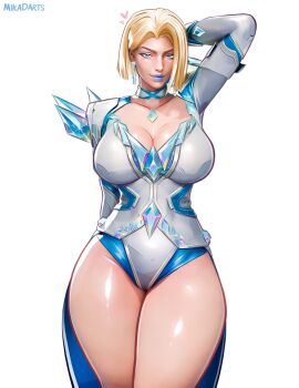 1girl 3d absurdres arm_behind_head arm_up artist_name bare_legs blonde_hair blue_eyes blue_lips blue_nails breasts cape chest_jewel choker cleavage collarbone crystal emma_frost hair_behind_ear heart highres jeff_(marvel) large_breasts looking_at_viewer marvel marvel_rivals mika_dawn short_hair simple_background solo_focus watermark web_address white_background x-men