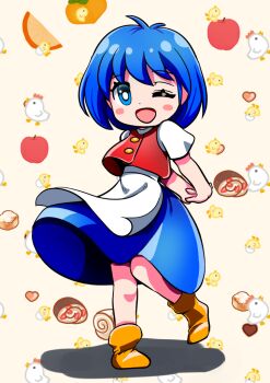 1girl ;d apple apron arms_behind_back baby_animal bird blue_eyes blue_hair blue_skirt cake cal_(ripple_island) candy chick chicken chocolate chocolate_heart commentary_request food food-themed_background fruit full_body heart heart-shaped_food hiro68 interlocked_fingers looking_at_viewer one_eye_closed open_mouth own_hands_together red_vest ripple_island shirt shoes short_hair short_sleeves skirt smile solo standing standing_on_one_leg swiss_roll vest waist_apron white_apron white_shirt yellow_shoes