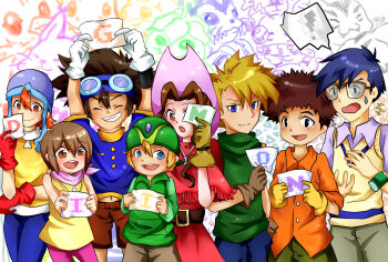 Rule 34 | 3girls, 5boys, agumon, bird, bug, cat, crests (digimon), digimon, digimon (creature), digimon adventure, gabumon, glasses, gomamon, highres, ishida yamato, izumi koshiro, kido jo, multiple boys, multiple girls, palmon, patamon, piyomon, reptile, tachikawa mimi, tailmon, takaishi takeru, takenouchi sora, tentomon, wings, yagami hikari, yagami taichi