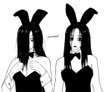 2girls animal_ears artist_name bags_under_eyes bare_shoulders black_hair bow bowtie detached_collar fake_animal_ears ghost ghost_girl greyscale hair_over_face hair_over_one_eye highres long_hair looking_at_viewer looking_down messy_hair monochrome multiple_girls playboy_bunny rabbit_ears saeki_kayako signature the_grudge the_ring twitter_username upper_body virtuware white_background wrist_cuffs yamamura_sadako