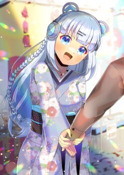 1girl 1other :d animal_ear_headphones animal_ears bear_ear_headphones bear_ears blue_eyes blurry blurry_background braid commentary_request commission depth_of_field fake_animal_ears floral_print grey_hair grey_kimono hair_ornament hairclip head_tilt headphones holding_another&#039;s_wrist japanese_clothes kimono kou_hiyoyo long_hair long_sleeves obi open_mouth print_kimono project_nebula sash skeb_commission sleeves_past_wrists smile solo_focus usui_yura very_long_hair virtual_youtuber wide_sleeves