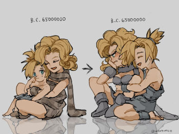 1boy 1girl age_difference age_progression aged_down arrow_(symbol) ayla_(chrono_trigger) barefoot blonde_hair blue_eyes blush boots breasts chrono_trigger cleavage closed_eyes commentary_request couple curly_hair embarrassed full_body fur_(clothing) fur_anklet fur_boots fur_wrist_cuffs grey_background head_rest high_ponytail highres hug hug_from_behind indian_style kino_(chrono_trigger) long_hair medium_breasts medium_hair open_mouth parted_lips ponytail scarf sitting sitting_on_lap sitting_on_person smile spiked_hair tears twitter_username uzutanco wrist_cuffs