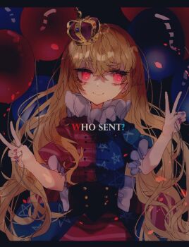 1girl balloon black_background black_corset blonde_hair blue_dress closed_mouth clownpiece commentary_request corset crown double_v dress english_text holding holding_balloon letterboxed long_hair looking_at_viewer one-hour_drawing_challenge puffy_short_sleeves puffy_sleeves red_dress red_eyes shinjitsu_no_kuchi short_sleeves smile solo star_(symbol) star_print touhou two-tone_dress upper_body v very_long_hair