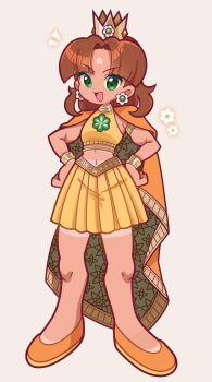 1girl :d brown_hair cape commentary crown earrings english_commentary flipped_hair flower_earrings full_body green_eyes highres jewelry long_hair marikyuunn mario_(series) midriff navel nintendo open_mouth orange_cape orange_shoes princess_daisy shirt shoes simple_background skirt sleeveless sleeveless_shirt smile solo standing tan tanline thick_lineart white_background yellow_shirt yellow_skirt