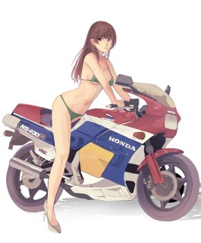 1girl absurdres alternate_art_style alternate_costume bikini breasts brown_eyes brown_hair collarbone commentary_request full_body green_bikini high_heels highres honda_ns400r kantai_collection long_hair looking_at_viewer medium_breasts motor_vehicle motorcycle navel on_motorcycle ooi_(kancolle) shadow shoes sidelocks simple_background skindentation solo stomach string_bikini swimsuit tf_cafe white_background white_shoes