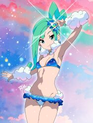 Rule 34 | 1girl, adapted costume, arm up, arm warmers, armpits, bikini, blue bikini, breasts, closed mouth, cowboy shot, creatures (company), earrings, eyelashes, game freak, glint, green eyes, green hair, hair ornament, highres, jewelry, lisia (pokemon), looking at viewer, navel, neck warmer, nintendo, pokemon, pokemon oras, ponytail, r3dfive, signature, smile, solo, swimsuit, v