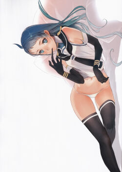Rule 34 | 1girl, absurdres, ahoge, bare shoulders, biting, biting glove, black thighhighs, blue eyes, blue hair, blush, branch (blackrabbits), elbow gloves, glove pull, gloves, gradient hair, hair spread out, highres, kantai collection, long hair, looking at viewer, lying, mouth hold, multicolored hair, navel, neckerchief, no pants, on side, panties, removing glove, sailor collar, samidare (kancolle), scan, school uniform, serafuku, shirt, sleeveless, sleeveless shirt, solo, swept bangs, thighhighs, underwear, very long hair, white panties