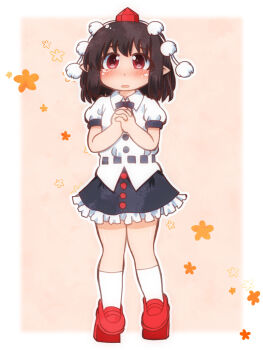 Rule 34 | 1girl, blush, brown hair, collared shirt, commentary request, frilled skirt, frills, full body, hat, highres, interlocked fingers, kneehighs, looking at viewer, matty (zuwzi), medium hair, own hands together, pointy ears, pom pom (clothes), puffy short sleeves, puffy sleeves, red eyes, red hat, red shoes, shameimaru aya, shirt, shoes, short sleeves, skirt, socks, solo, tokin hat, touhou, white shirt, white socks