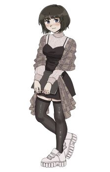 1girl absurdres black_dress black_thighhighs blue_eyes blush book brown_hair brown_shawl closed_mouth commentary dress full_body heidi_(heytherenrds) highres holding holding_book kanon long_sleeves looking_at_viewer misaka_shiori plaid_clothes plaid_shawl platform_shoes shawl shoes short_hair simple_background smile solo spaghetti_strap standing standing_on_one_leg sweater thighhighs white_background white_shoes white_sweater zettai_ryouiki