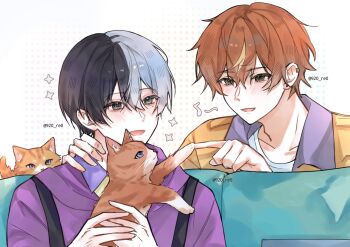 00esu 2boys animal animal_hands aoyagi_touya blue_eyes blush cat cat_paws commentary earrings go_all_out_(project_sekai) green_eyes grey_eyes highres holding holding_animal holding_cat jewelry looking_at_animal male_focus mole mole_under_eye multicolored_hair multiple_boys official_alternate_costume open_mouth orange_cat orange_hair piercing project_sekai shinonome_akito smile sparkle symbol-only_commentary watermark