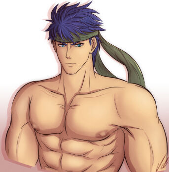 1boy abs art_vtm bara blue_eyes blue_hair closed_mouth commentary cropped_torso fire_emblem fire_emblem:_radiant_dawn green_headband headband highres ike_(fire_emblem) large_pectorals male_focus muscular muscular_male nintendo nipples pectorals short_hair signature simple_background