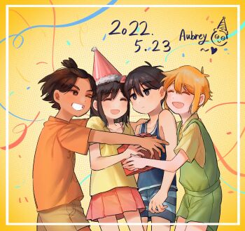 &gt;_&lt; 1girl 3boys aged_down alternate_costume antenna_hair aubrey_(faraway)_(omori) aubrey_(omori) bangs_pinned_back basil_(faraway)_(omori) basil_(omori) black_eyes black_hair black_tank_top blonde_hair blush bow bright_pupils brown_eyes brown_hair brown_shorts closed_mouth confetti dated expressionless gokun green_overalls group_hug hair_bow hat highres hug kel_(faraway)_(omori) kel_(omori) missing_tooth multiple_boys omori one_eye_closed open_mouth orange_shirt overall_shorts overalls party party_hat pink_bow pink_skirt pleated_skirt shirt short_hair shorts skirt smile striped_clothes striped_shorts sunny_(omori) t-shirt tank_top white_pupils yellow_shirt