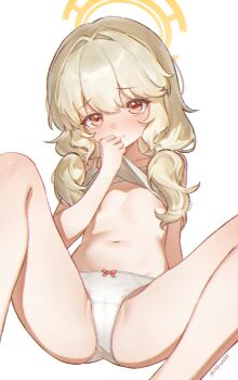 1girl aoba_(blue_archive) blonde_hair blue_archive breasts clothes_lift highres lifting_own_clothes loli looking_at_viewer navel panties red_eyes shirt shirt_lift sillycat4725 simple_background small_breasts solo underwear white_background white_panties white_shirt