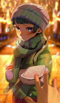 Rule 34 | 1girl, absurdres, beanie, blue eyes, commentary request, contemporary, hat, heat pad, highres, inoshishi969, jacket, kusuriya no hitorigoto, looking at viewer, maomao (kusuriya no hitorigoto), mittens, outdoors, pov, scarf