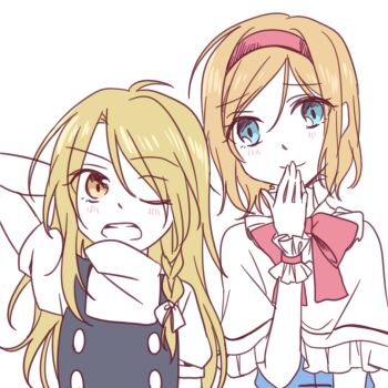 Rule 34 | 2girls, alice margatroid, black vest, blonde hair, blue dress, blue eyes, blush, bow, bowtie, braid, capelet, closed mouth, commentary request, dress, hair bow, hairband, kirisame marisa, looking at viewer, multiple girls, no headwear, open mouth, pink bow, pink bowtie, pink hairband, puffy short sleeves, puffy sleeves, short sleeves, side braid, simple background, single braid, smile, teeth, touhou, tsuno no hito, upper teeth only, vest, white background, white bow, white capelet, wrist cuffs, yellow eyes