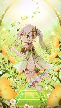 Rule 34 | 1girl, bare shoulders, bloomers, cape, closed mouth, commentary request, cross-shaped pupils, day, detached sleeves, dress, floating, flower, from behind, full body, genshin impact, gold trim, gradient hair, grass, green cape, green eyes, green hair, green sleeves, hair between eyes, hair ornament, hands up, highres, leaf hair ornament, light smile, long hair, minahoshi37, multicolored hair, nahida (genshin impact), outdoors, pointy ears, side ponytail, sleeveless, sleeveless dress, solo, stirrup legwear, symbol-shaped pupils, toeless legwear, toes, twitter username, underwear, white bloomers, white dress, white hair, yellow flower