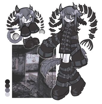 1boy adoptable androgynous animal_ears antennae belt black_boots boots broken_horn chibi chibi_inset collar color_guide goth_fashion gradient_hair grey_theme greyscale heterochromia highres horns knee_boots monochrome multicolored_hair multiple_belts original pentagram_necklace reference_sheet see-through_body sleeves_past_fingers sleeves_past_wrists tail too_many too_many_belts yappari