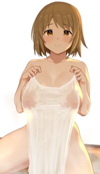 Rule 34 | 1girl, azuse neko, blush, breasts, brown eyes, brown hair, holding, holding towel, idolmaster, idolmaster cinderella girls, large breasts, looking at viewer, mimura kanako, naked towel, short hair, smile, solo, towel, wet, wet hair