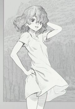 1girl :d arm_behind_head berserk blush bob_cut border breasts butterchalk collarbone commentary dress english_commentary eyelashes floating_hair freckles from_side greyscale grin hair_over_one_eye hand_on_own_hip hatching_(texture) highres isma looking_at_viewer looking_to_the_side monochrome mountain open_mouth outside_border short_hair short_sleeves small_breasts smile solo standing wavy_hair white_border wind wind_lift