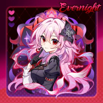 1girl artist_name breasts chinese_commentary earrings english_text evernight_(honkai:_star_rail) finger_to_mouth flower gloves gou_lianlian_dogface hair_flower hair_ornament hairclip heart highres honkai:_star_rail honkai_(series) jewelry light_smile long_hair long_sleeves march_7th_(honkai:_star_rail) medium_breasts parallel_hairclips pink_eyes red_eyes shushing single_earring sparkle upper_body