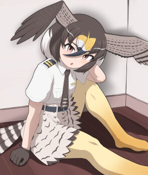 1girl absurdres animal_print belt bird_girl bird_print bird_tail bird_wings black_belt black_hair blonde_hair brown_eyes brown_gloves brown_hair brown_necktie collared_shirt epaulettes frilled_skirt frills gloves gradient_pantyhose hair_between_eyes head_wings high-waist_skirt highres japari_symbol kemono_friends multicolored_hair necktie no_shoes pantyhose peregrine_falcon_(kemono_friends) print_skirt rest_in_muni shirt short_sleeves sidelocks sitting skirt solo t-shirt tail white_hair white_shirt wings yellow_pantyhose