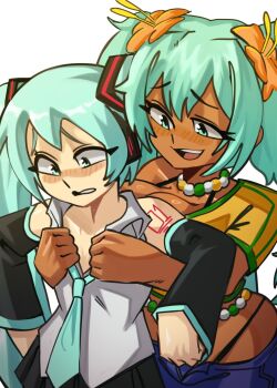 2girls bikini blue_eyes blue_hair brazilian_miku breasts dark-skinned_female dark_skin flat_chest hatsune_miku highres moxydraws multiple_girls opening_another's_clothes selfcest shorts swimsuit teasing twintails vocaloid yuri
