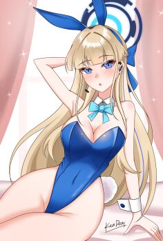 Rule 34 | 1girl, absurdres, animal ears, blonde hair, blue archive, blue eyes, blue halo, blue leotard, bow, bowtie, breasts, detached collar, fake animal ears, halo, highres, kan (afterrain1412), leotard, long hair, looking at viewer, official alternate costume, playboy bunny, rabbit ears, solo, strapless, strapless leotard, thighhighs, toki (blue archive), toki (bunny) (blue archive), white thighhighs, wrist cuffs
