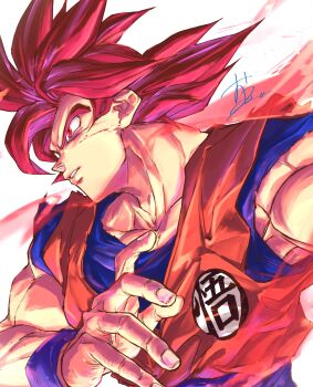 Rule 34 | 1boy, absurdres, blood, blood on face, blue sash, blue shirt, blue wrist cuffs, dougi, dragon ball, dragon ball super, dragon ball z, dragon ball z kami to kami, dragonball z, highres, male focus, medium hair, muscular, muscular male, orange shirt, ota ta999, red eyes, red hair, sash, shirt, simple background, solo, son goku, spiked hair, super saiyan, super saiyan god, upper body, white background, wrist cuffs